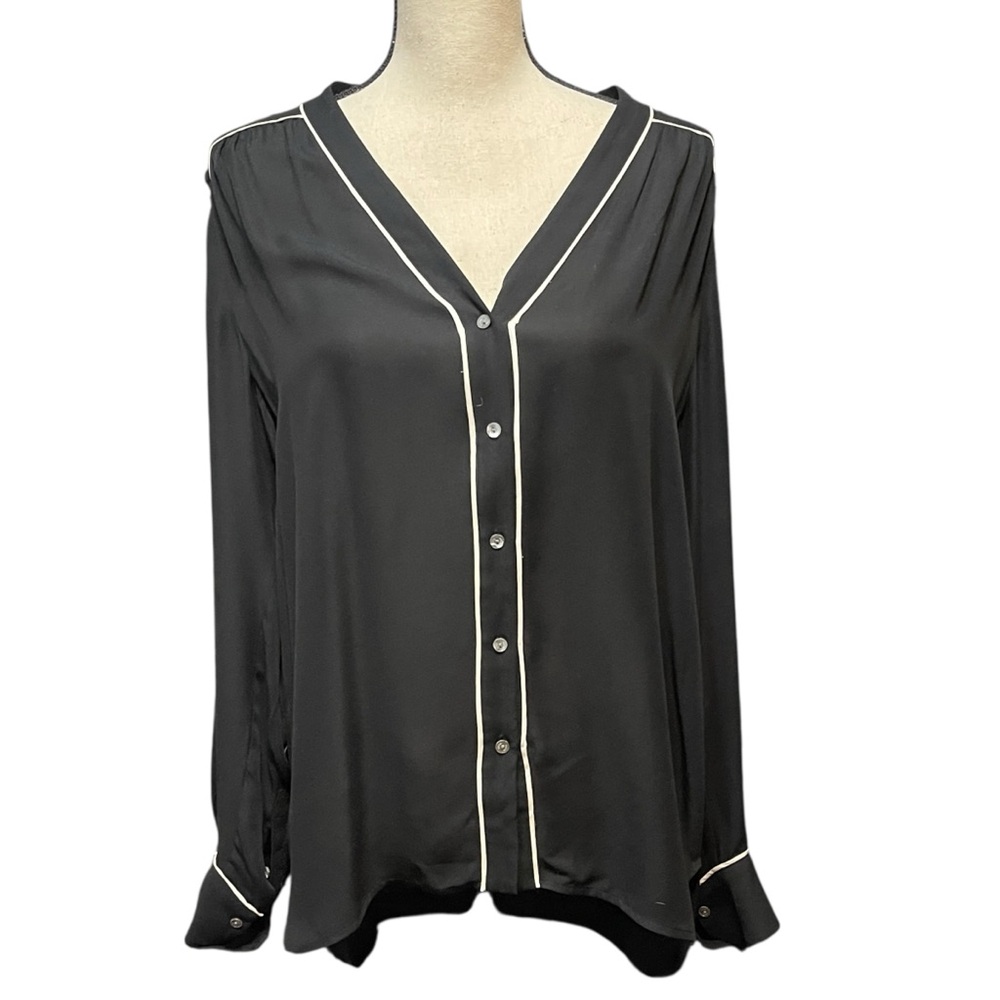 Vince Contrast Piping‎ Sheer Silk Button Down Luxury Polished Blouse Shirt XL